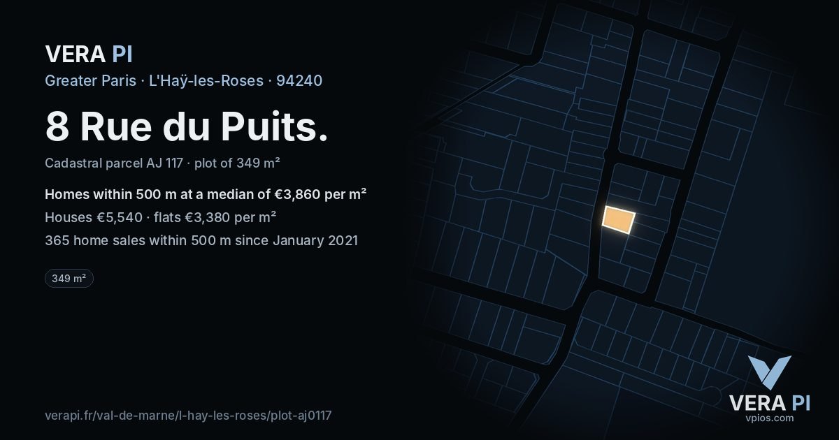 8 Rue du Puits, L'Haÿ-les-Roses at night – the plot lit, the parcels around coloured by the prices near them