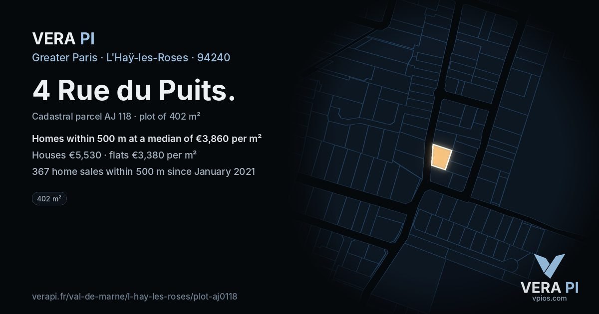 4 Rue du Puits, L'Haÿ-les-Roses at night – the plot lit, the parcels around coloured by the prices near them