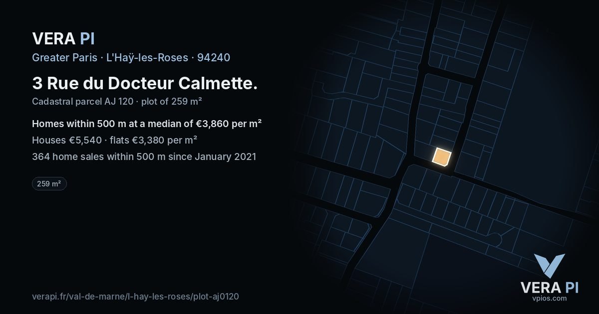 3 Rue du Docteur Calmette, L'Haÿ-les-Roses at night – the plot lit, the parcels around coloured by the prices near them