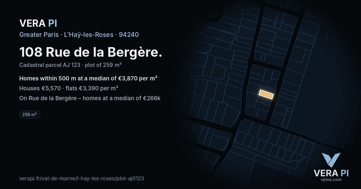 108 Rue de la Bergère, L'Haÿ-les-Roses at night – the plot lit, the parcels around coloured by the prices near them