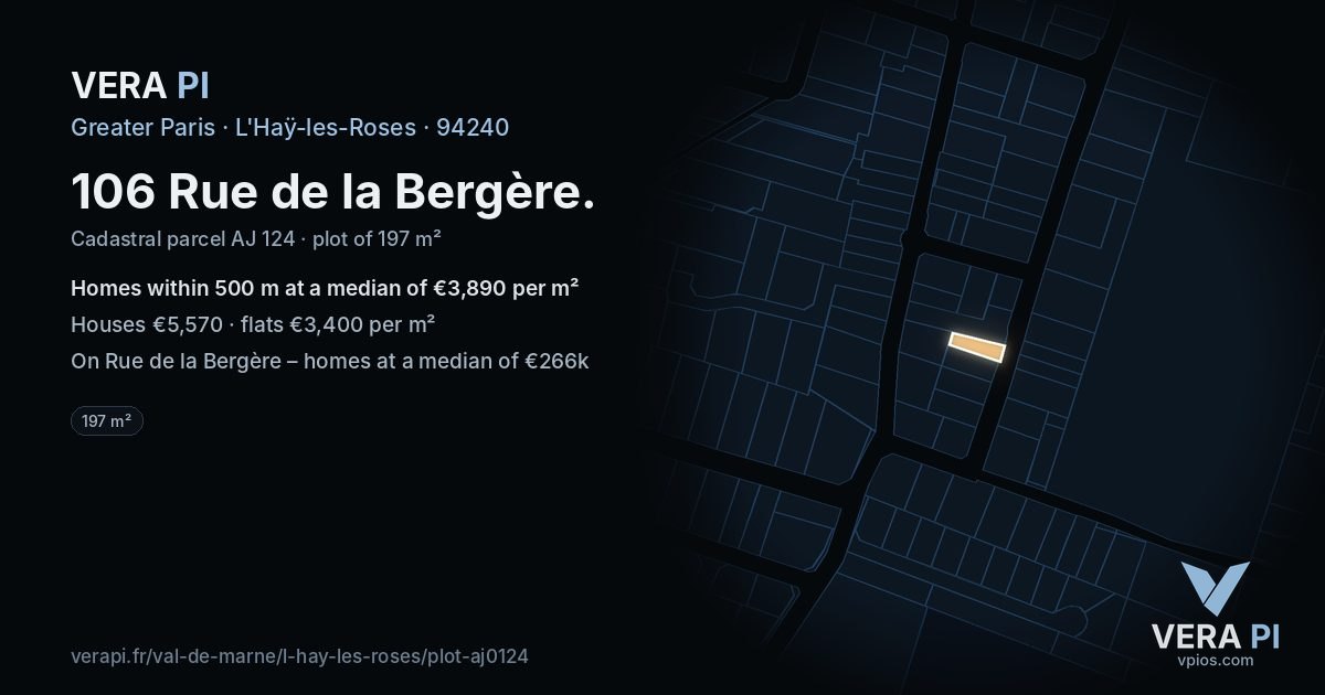 106 Rue de la Bergère, L'Haÿ-les-Roses at night – the plot lit, the parcels around coloured by the prices near them