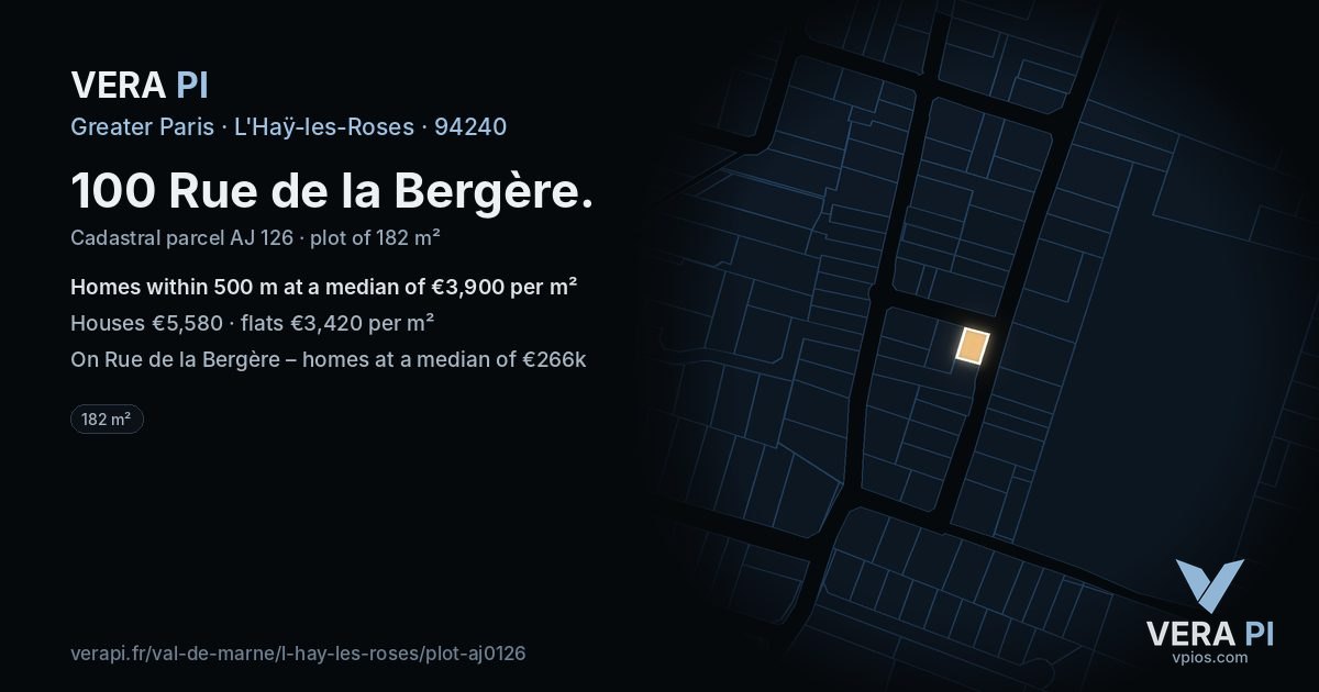 100 Rue de la Bergère, L'Haÿ-les-Roses at night – the plot lit, the parcels around coloured by the prices near them