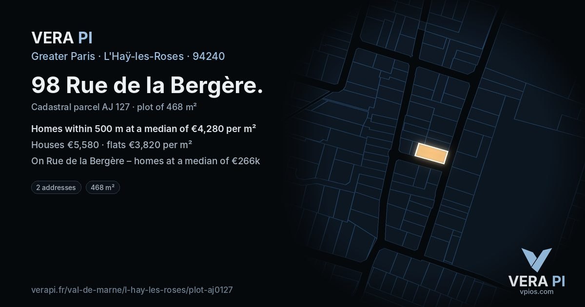 98 Rue de la Bergère, L'Haÿ-les-Roses at night – the plot lit, the parcels around coloured by the prices near them