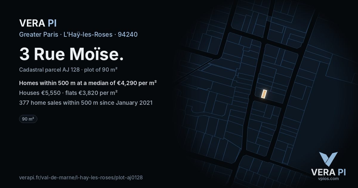 3 Rue Moïse, L'Haÿ-les-Roses at night – the plot lit, the parcels around coloured by the prices near them