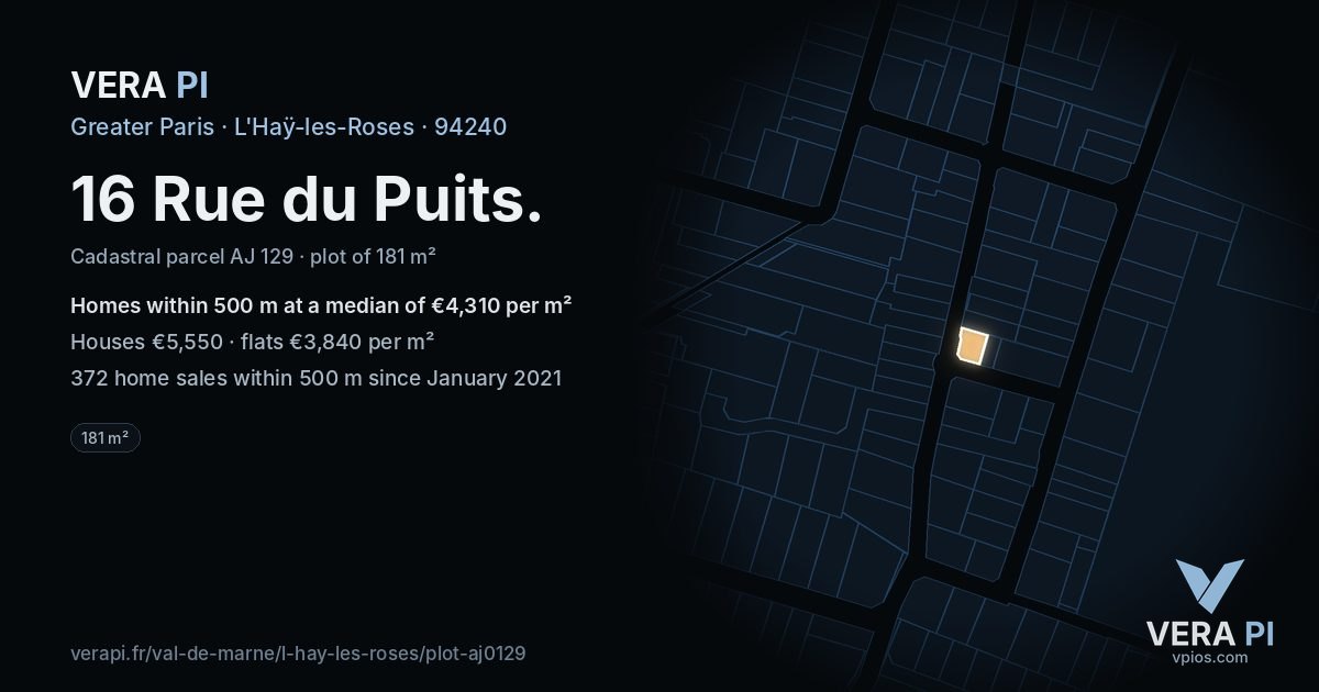 16 Rue du Puits, L'Haÿ-les-Roses at night – the plot lit, the parcels around coloured by the prices near them