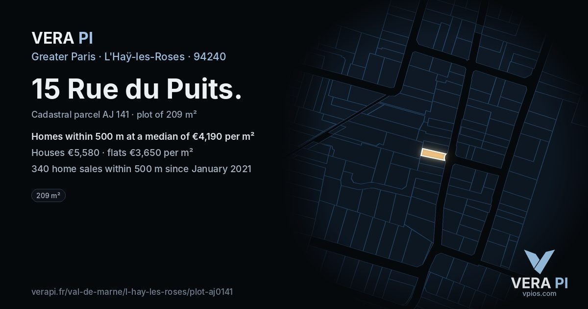 15 Rue du Puits, L'Haÿ-les-Roses at night – the plot lit, the parcels around coloured by the prices near them