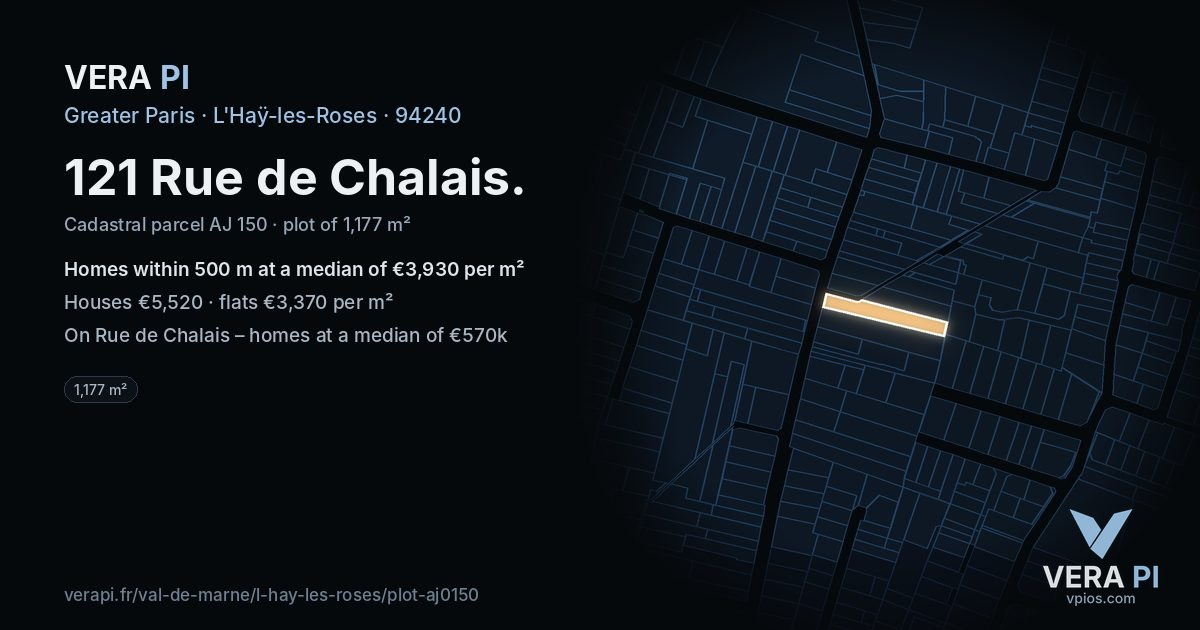 121 Rue de Chalais, L'Haÿ-les-Roses at night – the plot lit, the parcels around coloured by the prices near them