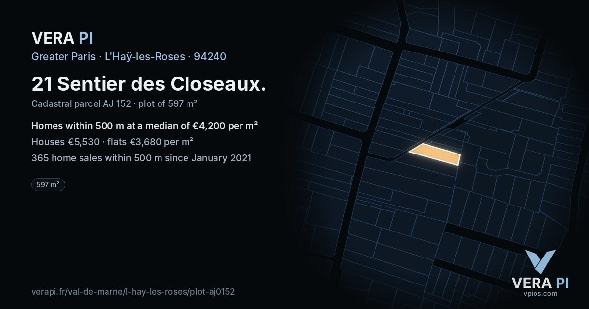 21 Sentier des Closeaux, L'Haÿ-les-Roses at night – the plot lit, the parcels around coloured by the prices near them