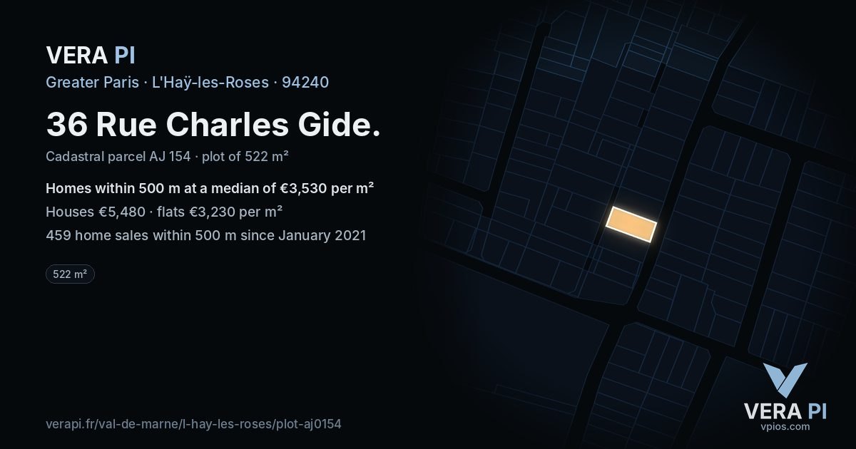 36 Rue Charles Gide, L'Haÿ-les-Roses at night – the plot lit, the parcels around coloured by the prices near them