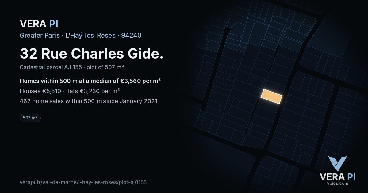 32 Rue Charles Gide, L'Haÿ-les-Roses at night – the plot lit, the parcels around coloured by the prices near them