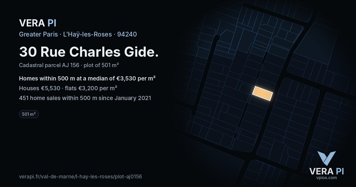 30 Rue Charles Gide, L'Haÿ-les-Roses at night – the plot lit, the parcels around coloured by the prices near them