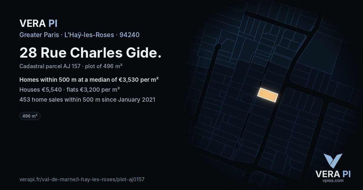 28 Rue Charles Gide, L'Haÿ-les-Roses at night – the plot lit, the parcels around coloured by the prices near them