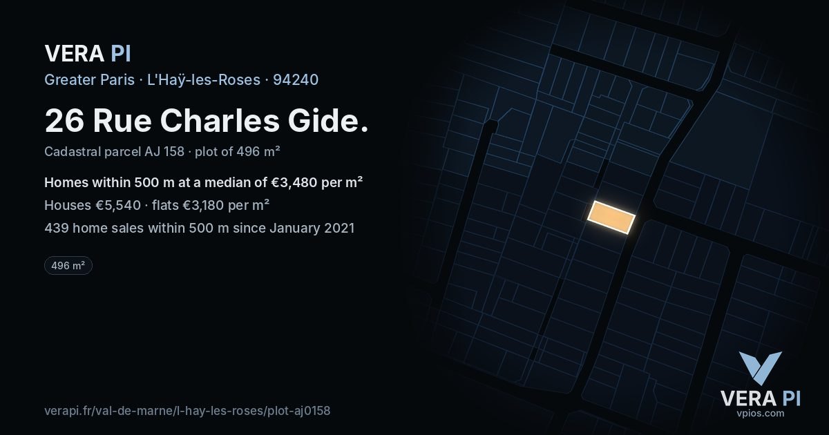 26 Rue Charles Gide, L'Haÿ-les-Roses at night – the plot lit, the parcels around coloured by the prices near them