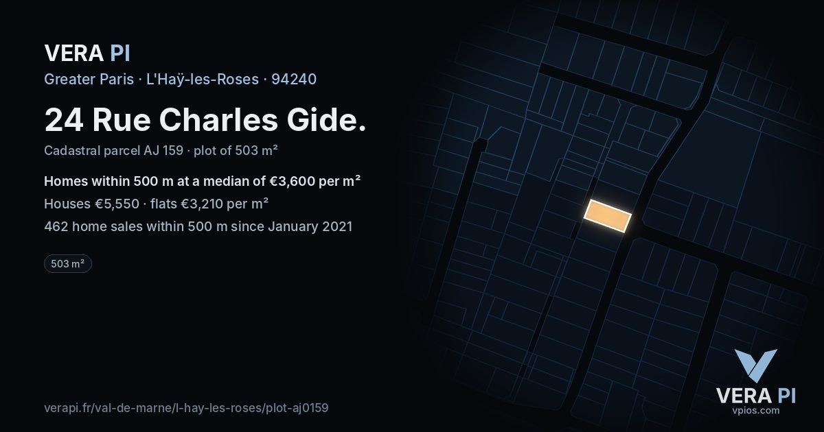 24 Rue Charles Gide, L'Haÿ-les-Roses at night – the plot lit, the parcels around coloured by the prices near them