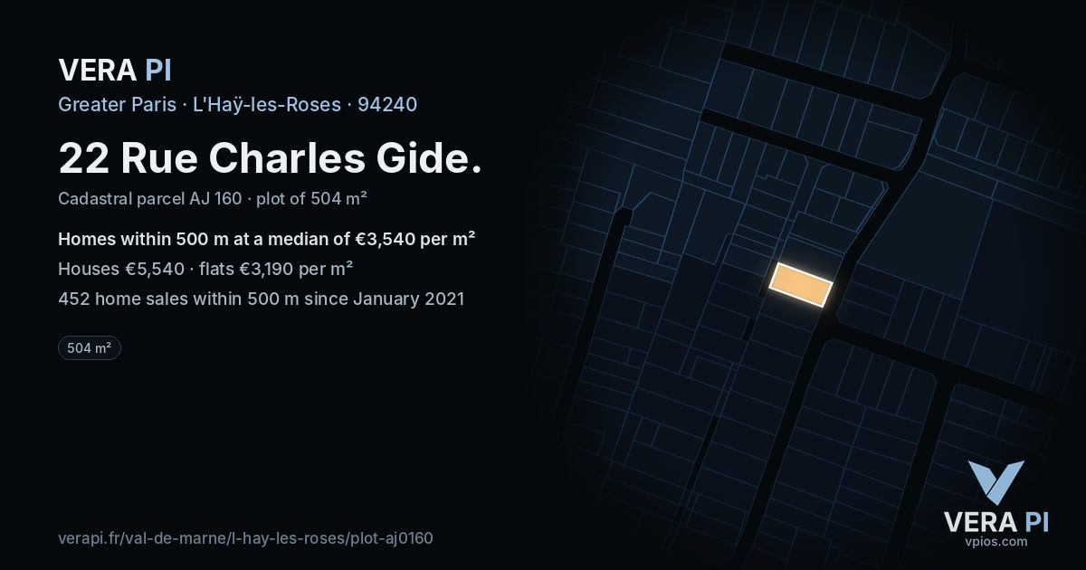 22 Rue Charles Gide, L'Haÿ-les-Roses at night – the plot lit, the parcels around coloured by the prices near them