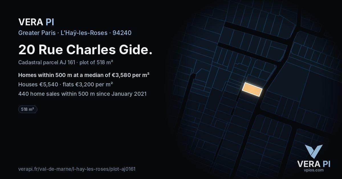 20 Rue Charles Gide, L'Haÿ-les-Roses at night – the plot lit, the parcels around coloured by the prices near them