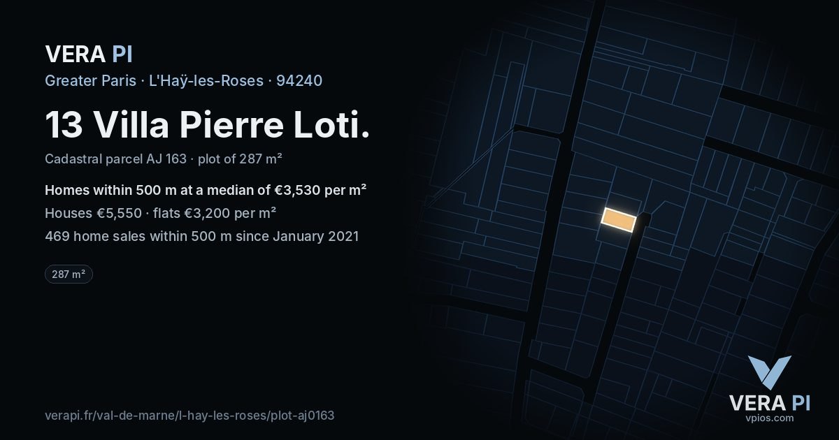 13 Villa Pierre Loti, L'Haÿ-les-Roses at night – the plot lit, the parcels around coloured by the prices near them