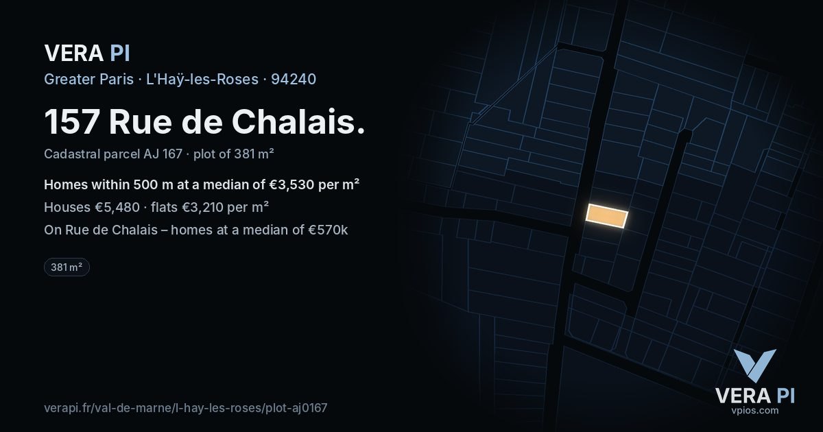 157 Rue de Chalais, L'Haÿ-les-Roses at night – the plot lit, the parcels around coloured by the prices near them