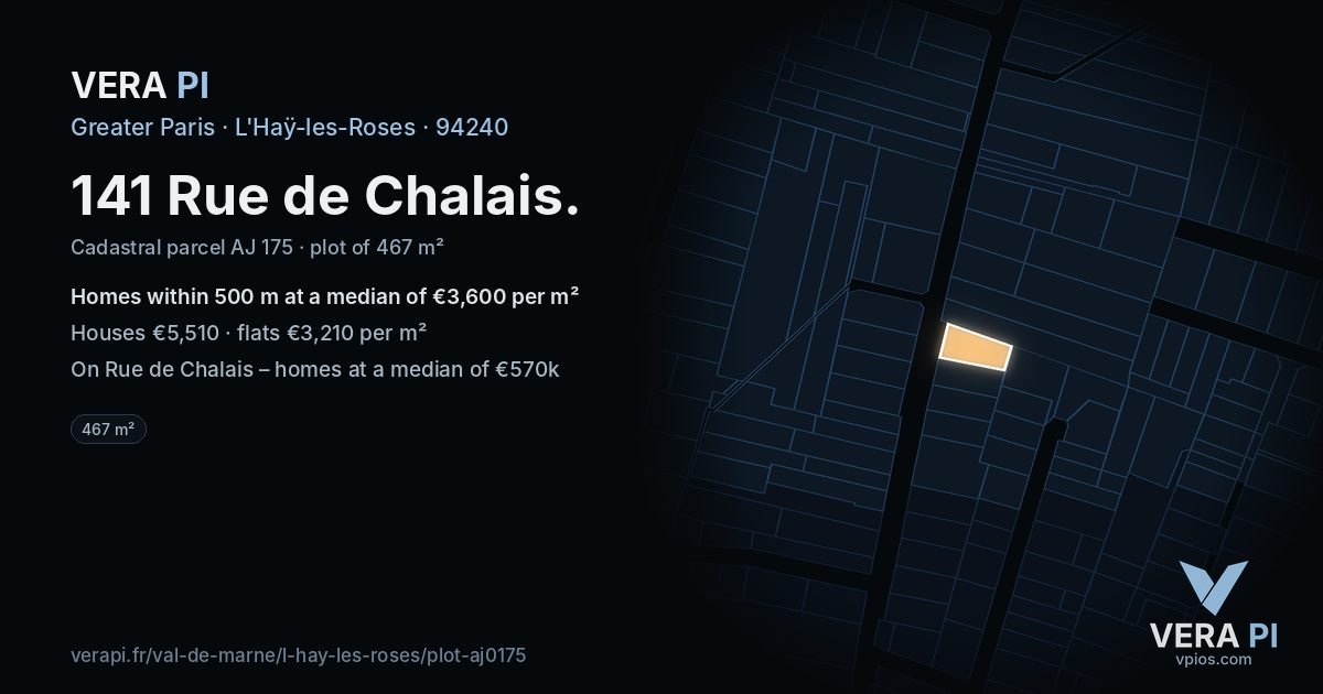 141 Rue de Chalais, L'Haÿ-les-Roses at night – the plot lit, the parcels around coloured by the prices near them