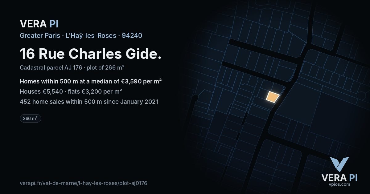 16 Rue Charles Gide, L'Haÿ-les-Roses at night – the plot lit, the parcels around coloured by the prices near them