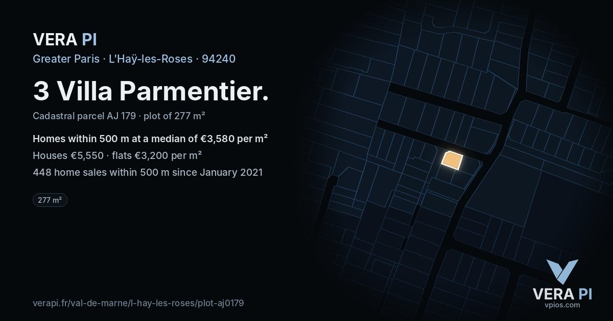 3 Villa Parmentier, L'Haÿ-les-Roses at night – the plot lit, the parcels around coloured by the prices near them