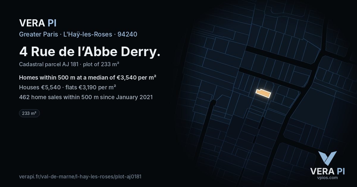 4 Rue de l’Abbe Derry, L'Haÿ-les-Roses at night – the plot lit, the parcels around coloured by the prices near them