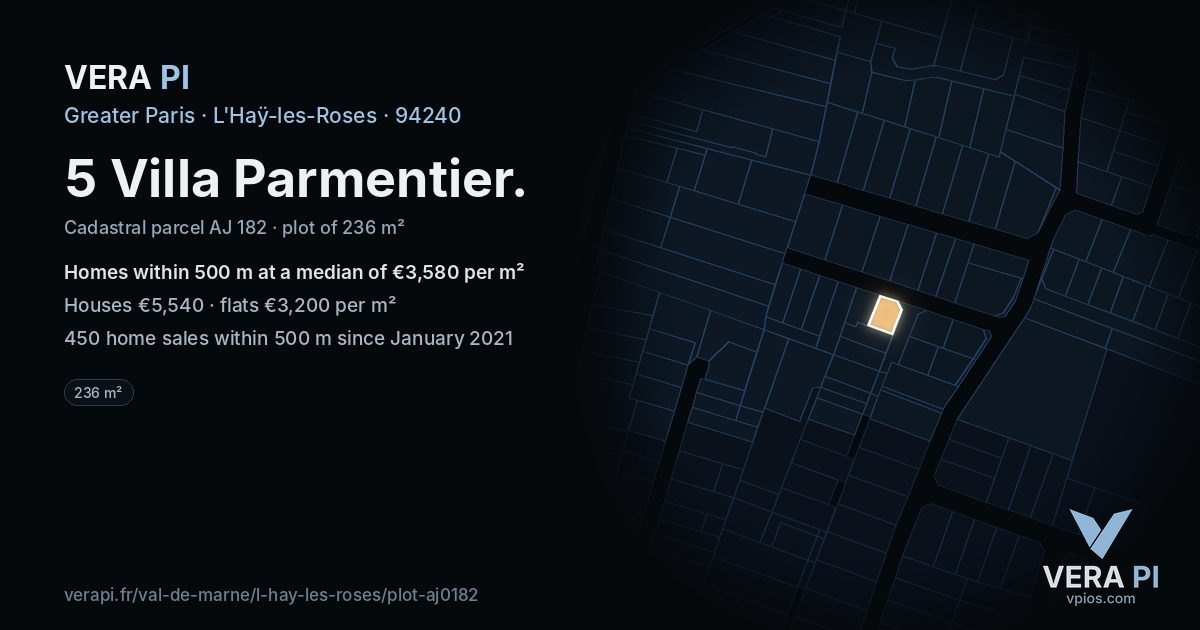 5 Villa Parmentier, L'Haÿ-les-Roses at night – the plot lit, the parcels around coloured by the prices near them