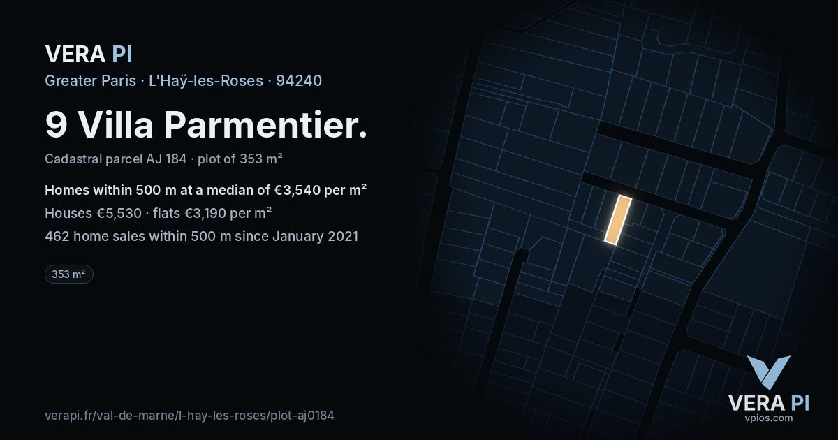 9 Villa Parmentier, L'Haÿ-les-Roses at night – the plot lit, the parcels around coloured by the prices near them
