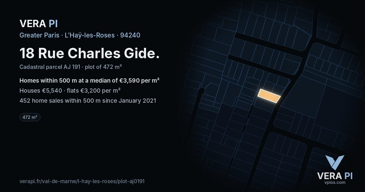 18 Rue Charles Gide, L'Haÿ-les-Roses at night – the plot lit, the parcels around coloured by the prices near them