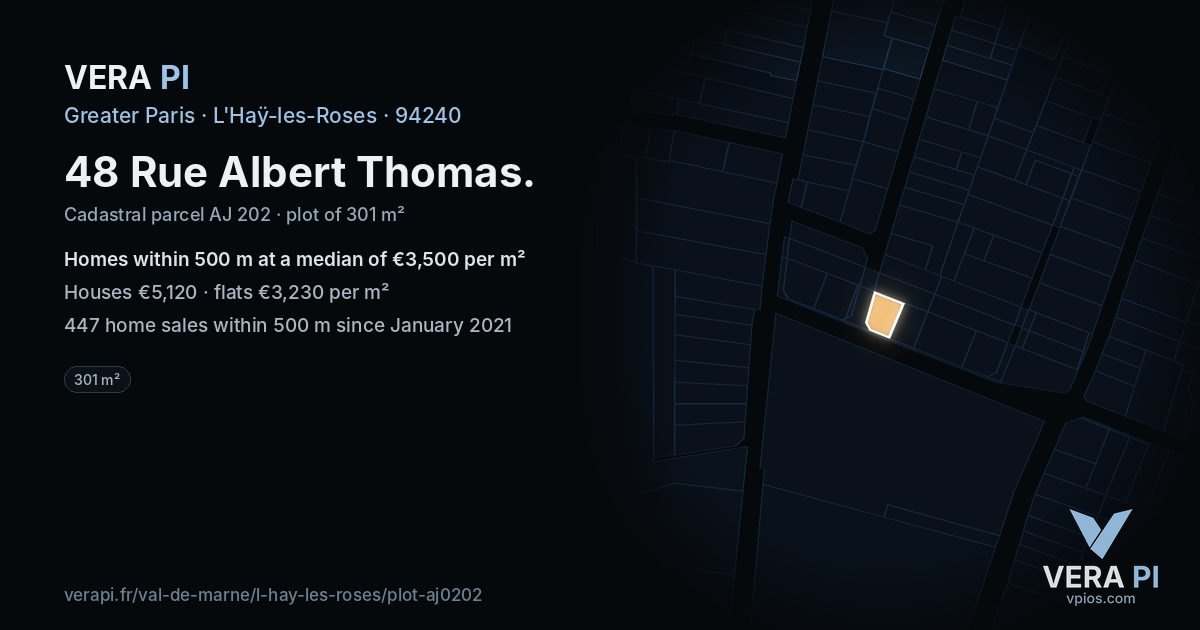 48 Rue Albert Thomas, L'Haÿ-les-Roses at night – the plot lit, the parcels around coloured by the prices near them