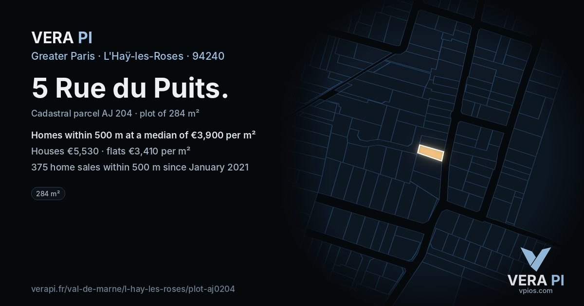 5 Rue du Puits, L'Haÿ-les-Roses at night – the plot lit, the parcels around coloured by the prices near them