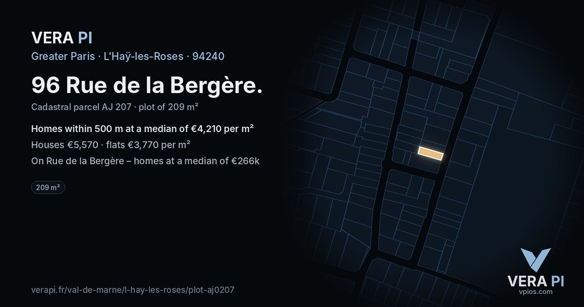 96 Rue de la Bergère, L'Haÿ-les-Roses at night – the plot lit, the parcels around coloured by the prices near them