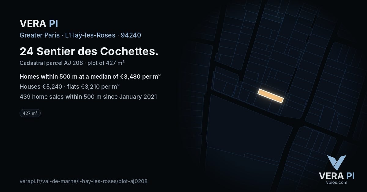 24 Sentier des Cochettes, L'Haÿ-les-Roses at night – the plot lit, the parcels around coloured by the prices near them