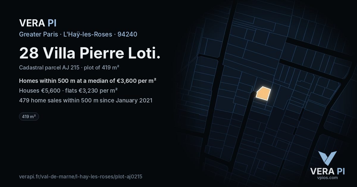 28 Villa Pierre Loti, L'Haÿ-les-Roses at night – the plot lit, the parcels around coloured by the prices near them