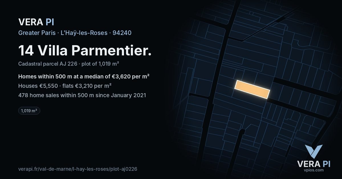 14 Villa Parmentier, L'Haÿ-les-Roses at night – the plot lit, the parcels around coloured by the prices near them