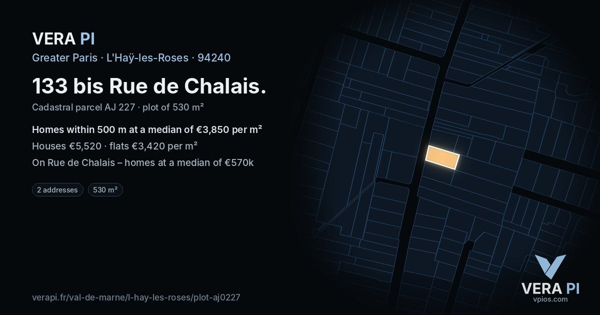 133 bis Rue de Chalais, L'Haÿ-les-Roses at night – the plot lit, the parcels around coloured by the prices near them