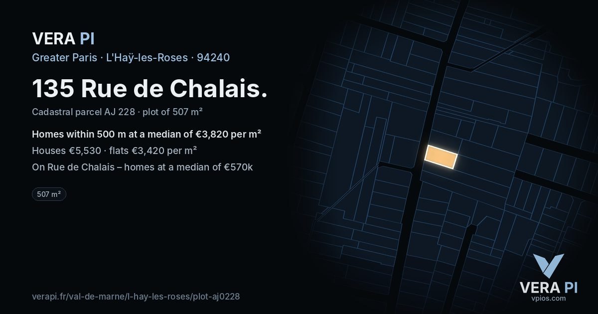 135 Rue de Chalais, L'Haÿ-les-Roses at night – the plot lit, the parcels around coloured by the prices near them