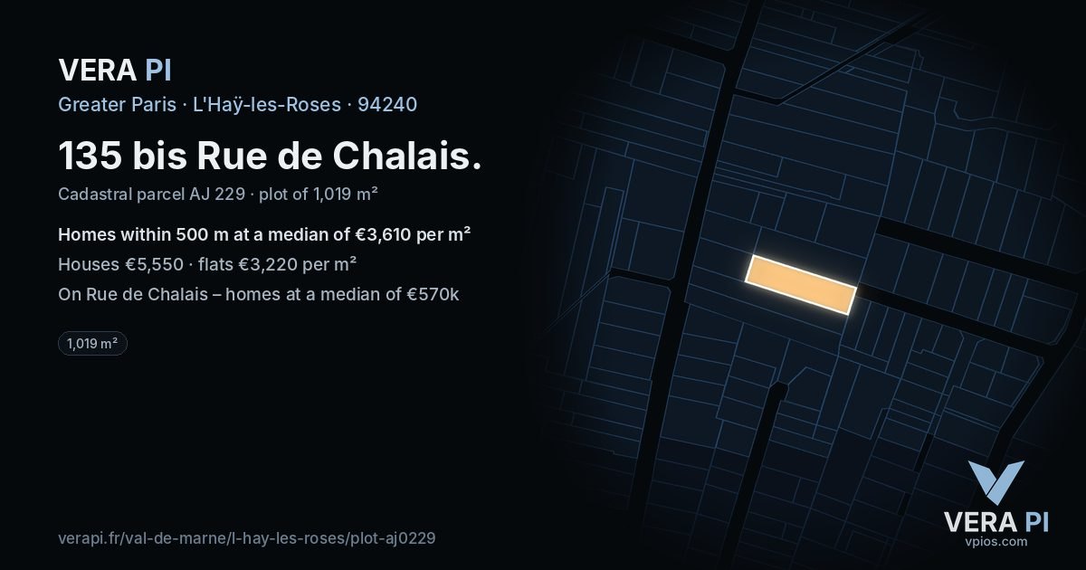 135 bis Rue de Chalais, L'Haÿ-les-Roses at night – the plot lit, the parcels around coloured by the prices near them