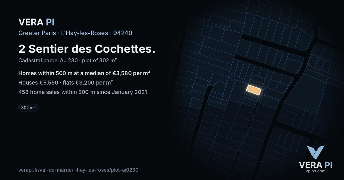 2 Sentier des Cochettes, L'Haÿ-les-Roses at night – the plot lit, the parcels around coloured by the prices near them