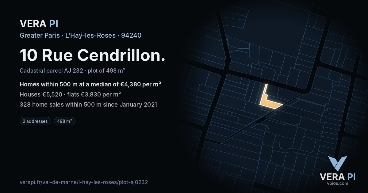 10 Rue Cendrillon, L'Haÿ-les-Roses at night – the plot lit, the parcels around coloured by the prices near them