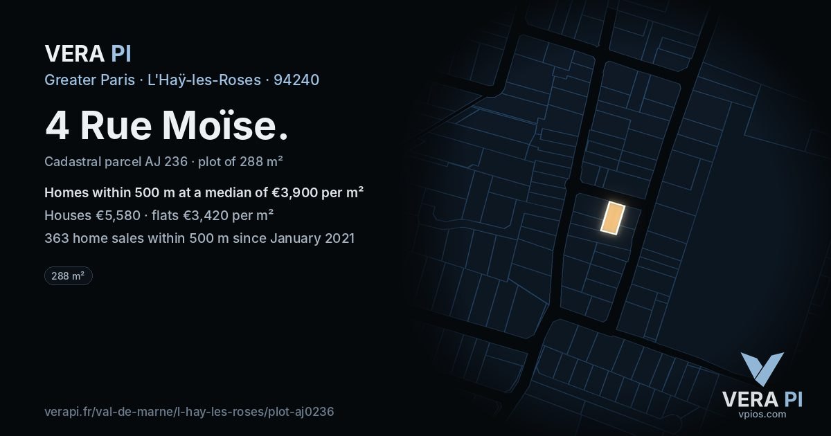 4 Rue Moïse, L'Haÿ-les-Roses at night – the plot lit, the parcels around coloured by the prices near them