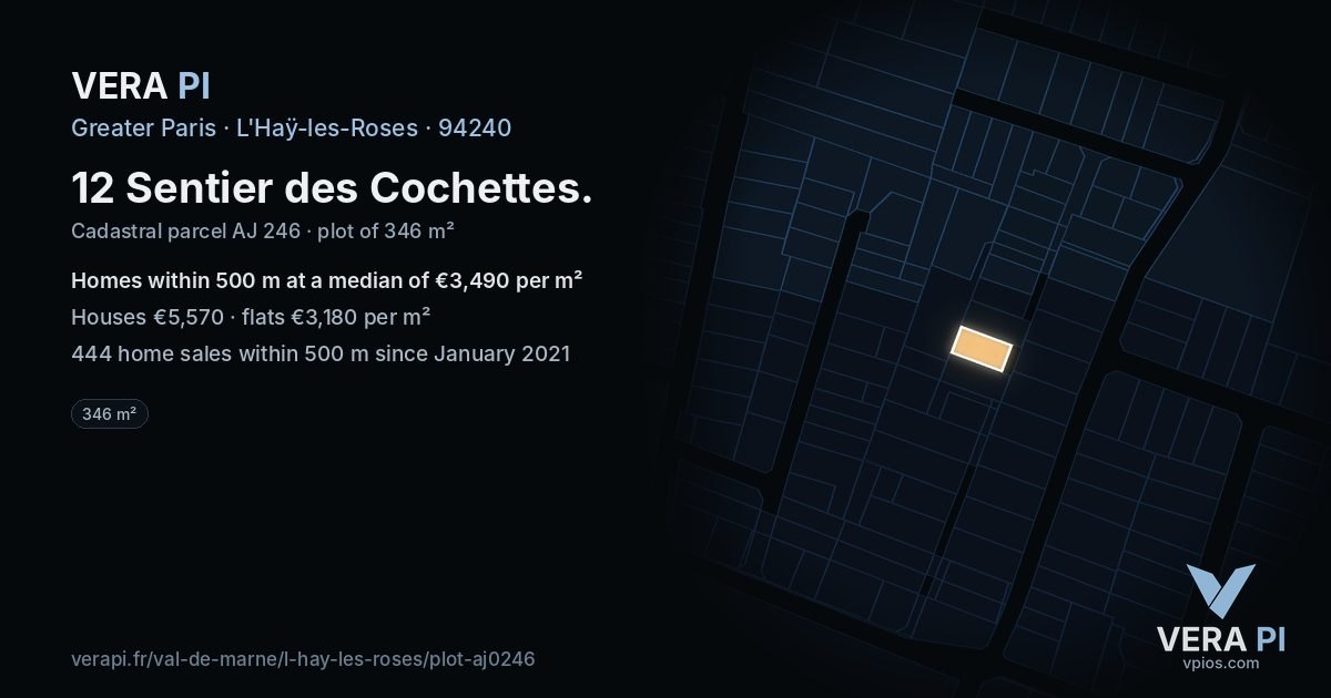12 Sentier des Cochettes, L'Haÿ-les-Roses at night – the plot lit, the parcels around coloured by the prices near them