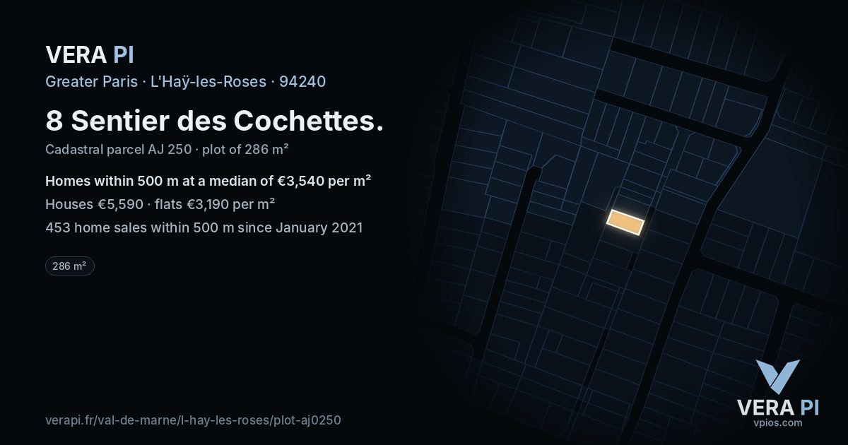 8 Sentier des Cochettes, L'Haÿ-les-Roses at night – the plot lit, the parcels around coloured by the prices near them