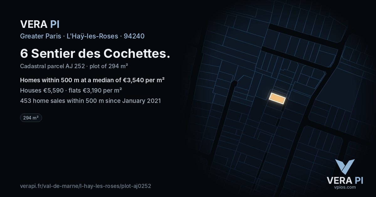 6 Sentier des Cochettes, L'Haÿ-les-Roses at night – the plot lit, the parcels around coloured by the prices near them
