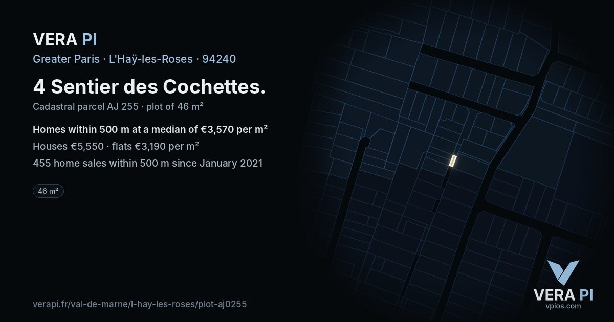 4 Sentier des Cochettes, L'Haÿ-les-Roses at night – the plot lit, the parcels around coloured by the prices near them