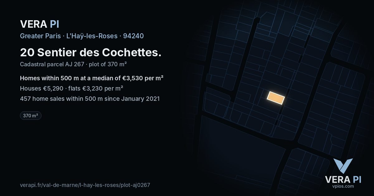 20 Sentier des Cochettes, L'Haÿ-les-Roses at night – the plot lit, the parcels around coloured by the prices near them