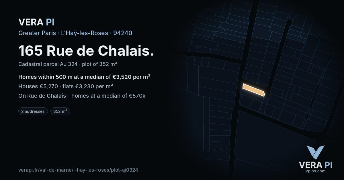 165 Rue de Chalais, L'Haÿ-les-Roses at night – the plot lit, the parcels around coloured by the prices near them