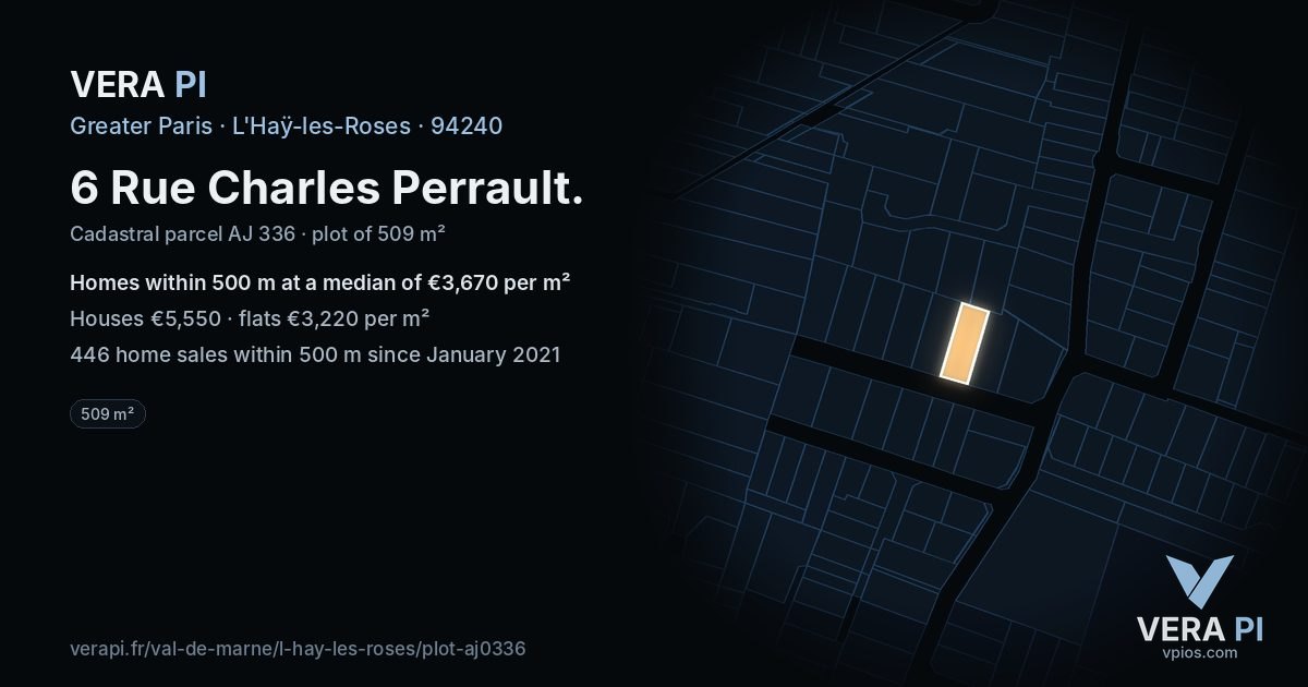 6 Rue Charles Perrault, L'Haÿ-les-Roses at night – the plot lit, the parcels around coloured by the prices near them