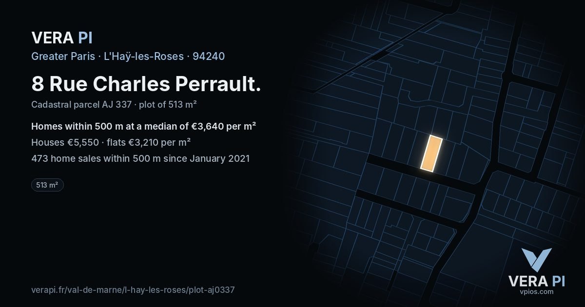 8 Rue Charles Perrault, L'Haÿ-les-Roses at night – the plot lit, the parcels around coloured by the prices near them