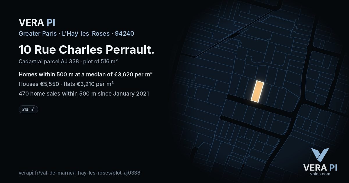 10 Rue Charles Perrault, L'Haÿ-les-Roses at night – the plot lit, the parcels around coloured by the prices near them